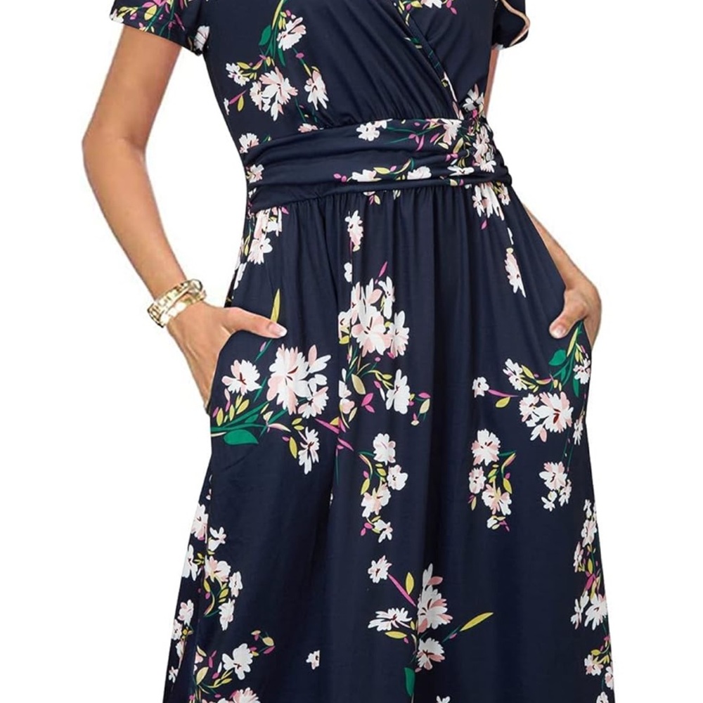 Floral Navy Faux Wrap Midi Dress with Pockets - Picture 3 of 4